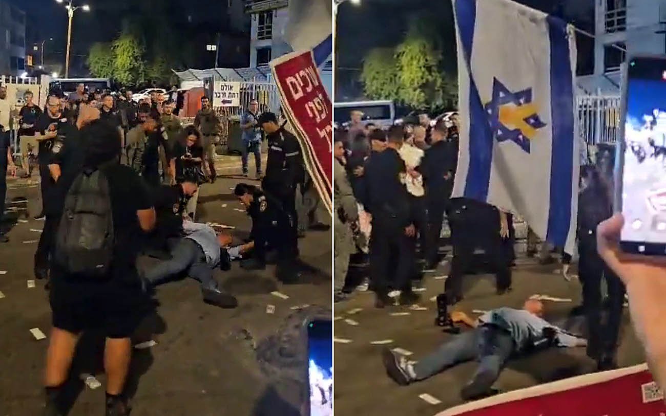 Veteran Photographer Reuven Castro Pushed Down by Police at Likud Gaza Protest